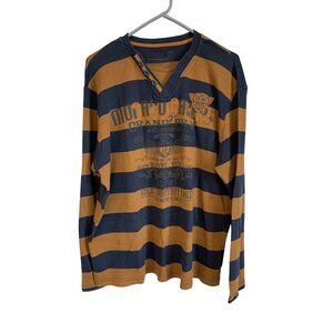 X-Side Striped V-Neck Long Sleeve Graphic Shirt Cotton Navy & Mustard XXL